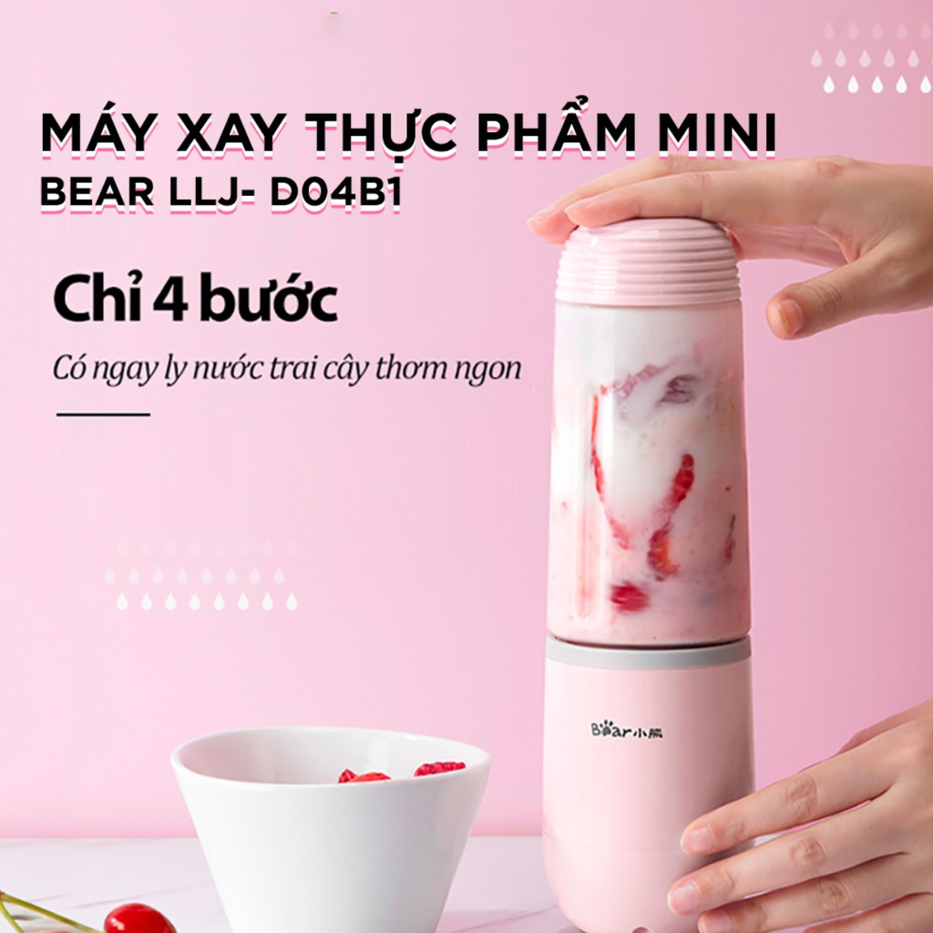 Máy xay sinh tố mini Bear LLJ-D04B1 - Chỉ 4 bước có ngay ly nước trái cây thơm ngon - Hàng chính hãng