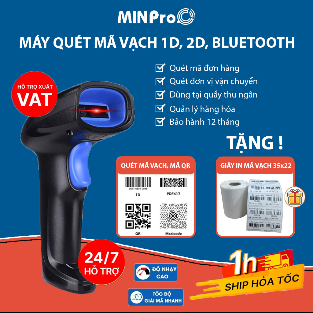 Máy quét mã vạch MINPRO không dây 2.4Ghz, quét mã vạch hàng hóa, công nghệ laser - Bảo hành 1 năm