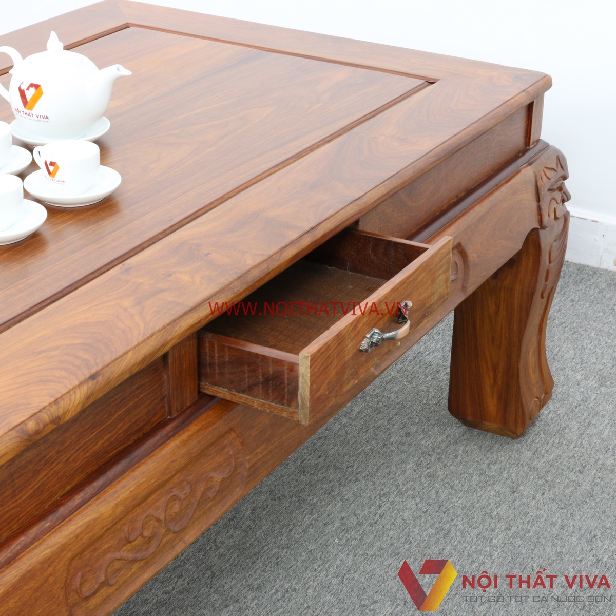 Bộ Bàn Ghế Salon Gỗ Hương Vân Tay 14 Chạm Đào 6 Món Cao Cấp
