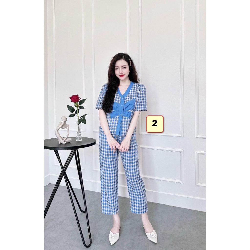 Bộ mặc nhà nữ vải xô thoáng mát, cổ V,tay ngắn,quần dài 40-55kg