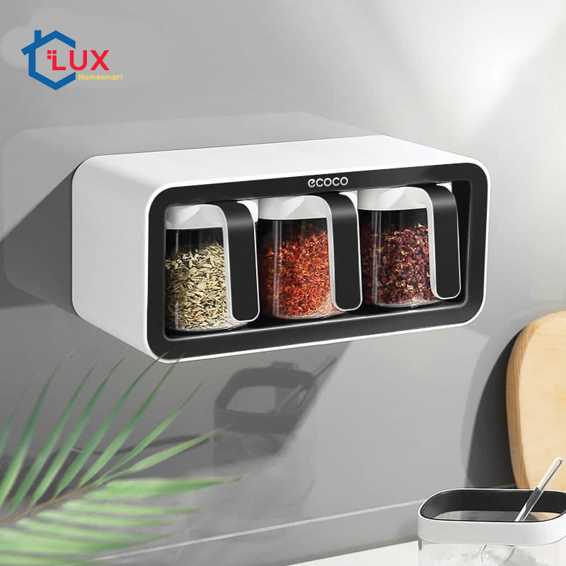 Kệ Đựng Gia Vị Dán Tường Ecoco không cần khoan đục, Bộ 3 Hộp Đựng Gia Vị Kèm Thìa Nhà Bếp Mẫu Mới 2021 tiết kiệm không gian