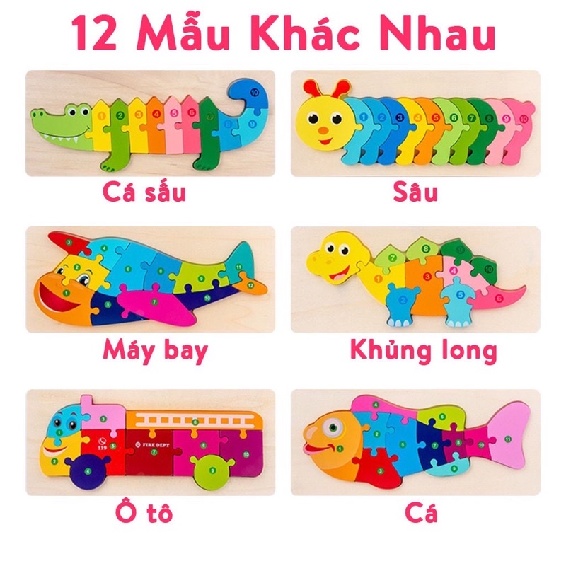 Bảng ghép hình bằng gỗ nổi học chữ số với 12 chủ đề cho bé lắp ráp thông minh | Đồ chơi ghép mảnh puzzle đa năng