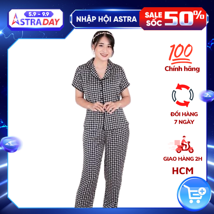 Bộ đồ Pyjama nữ, đồ mặc nhà lụa VILADY - B142 kiểu Quần dài tay cộc họa tiết Ziczac chất liệu lụa Pháp (lụa latin) - Màu đen