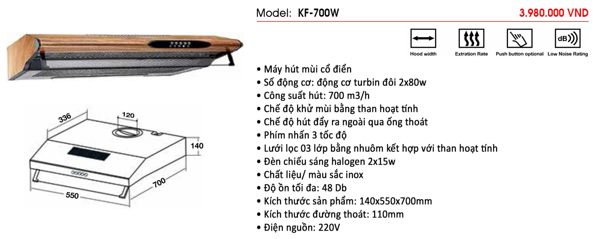 Máy hút khói, khử mùi cổ điển KAFF KF-700W - Hàng chính hãng