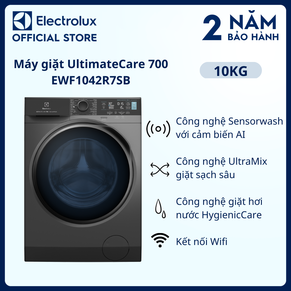 Hình ảnh [Free Giao lắp] Máy giặt cửa trước Electrolux 10kg UltimateCare 700 - EWF1042R7SB - Loại bỏ đến 49 loại vết bẩn, không cặn giặt tẩy, giặt hơi nước diệt 99.9% vi khuẩn, kết nối Wifi [Hàng chính hãng]