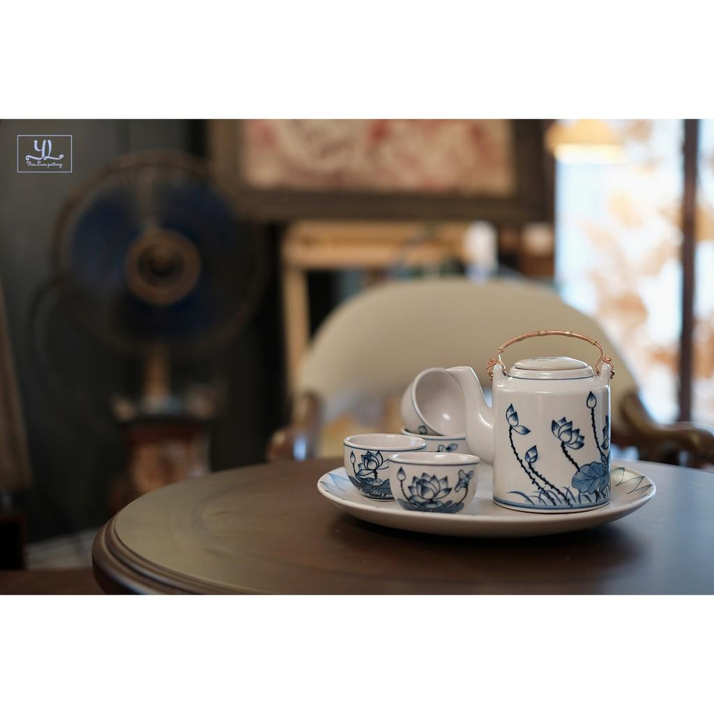 Bộ Trà Bình Tích Hoa Sen Gốm Men Mát