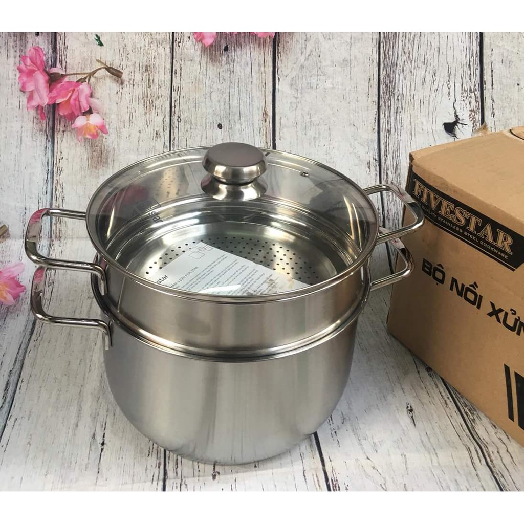 Bộ xửng hấp 3 đáy inox 430 FiveStar Standard  bếp từ nắp kính tặng 10 muỗng ăn ( 26cm/28cm/30cm )