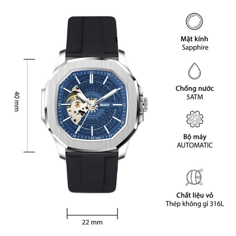 Đồng hồ nam Draco D23-DS68 “DongSon” Automatictrắng xanh kết hợp chất liệu dây cao su non cao cấp màu đen-thời trang nam thể thao