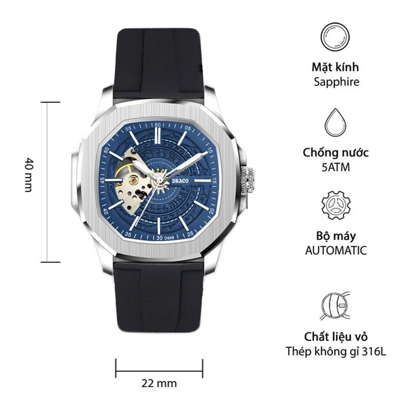 Đồng hồ nam Draco D23-DS68 “DongSon” Automatic trắng xanh kết hợp chất liệu dây cao su non cao cấp màu đen-thời trang nam thể thao