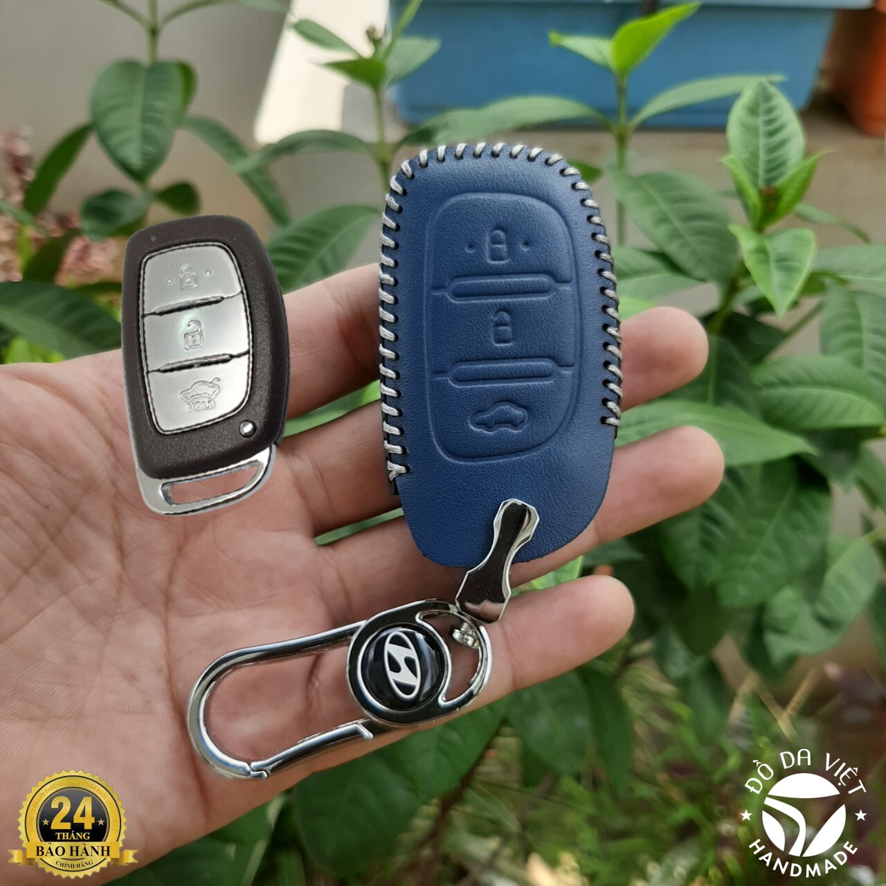 Bao Da Chìa Khóa HYUNDAI I10, elantra, tucson, I20; Chìa thông minh 3 NÚT. Da Bò Nhập Khẩu ITALIA, Bảo hành 24 tháng (móc khóa inox sang trọng)