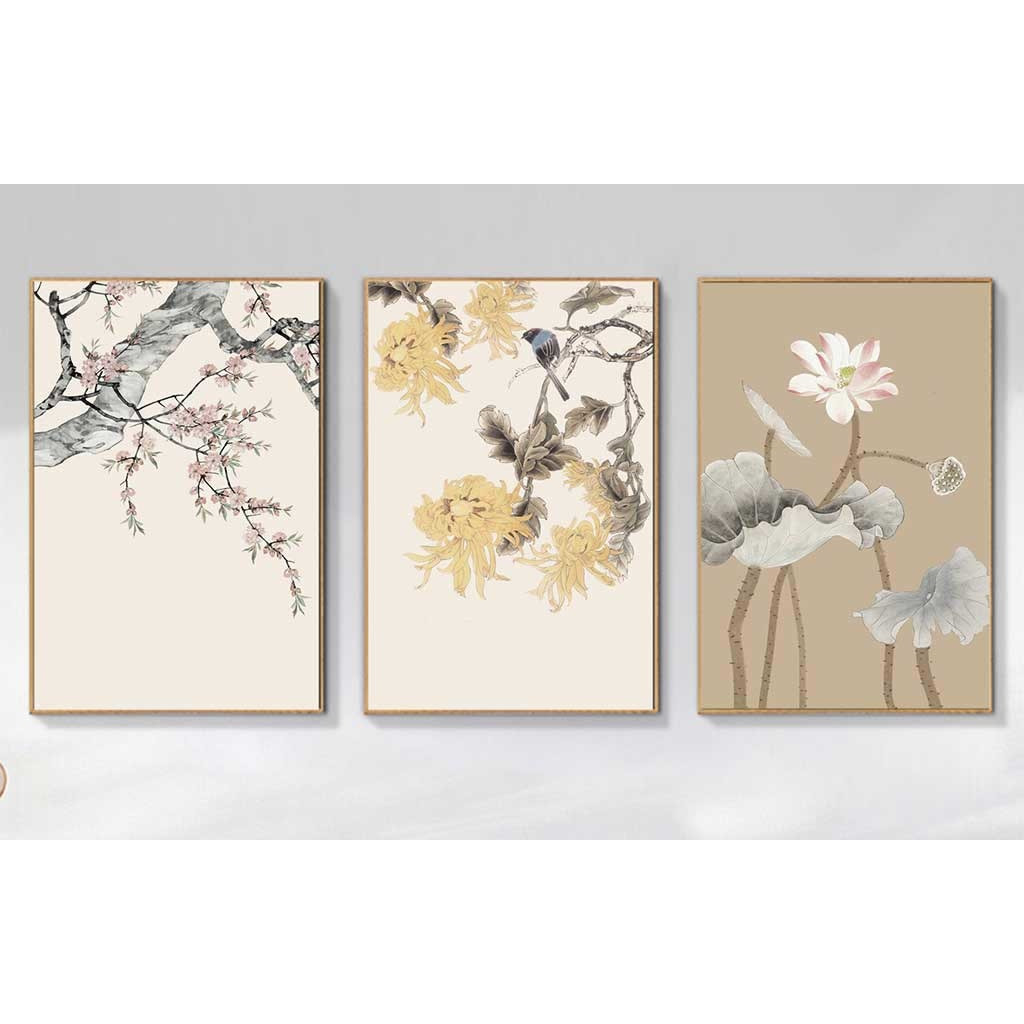 Set 3 tranh canvas hoa lá tông be-trắng 30x40cm HO0493
