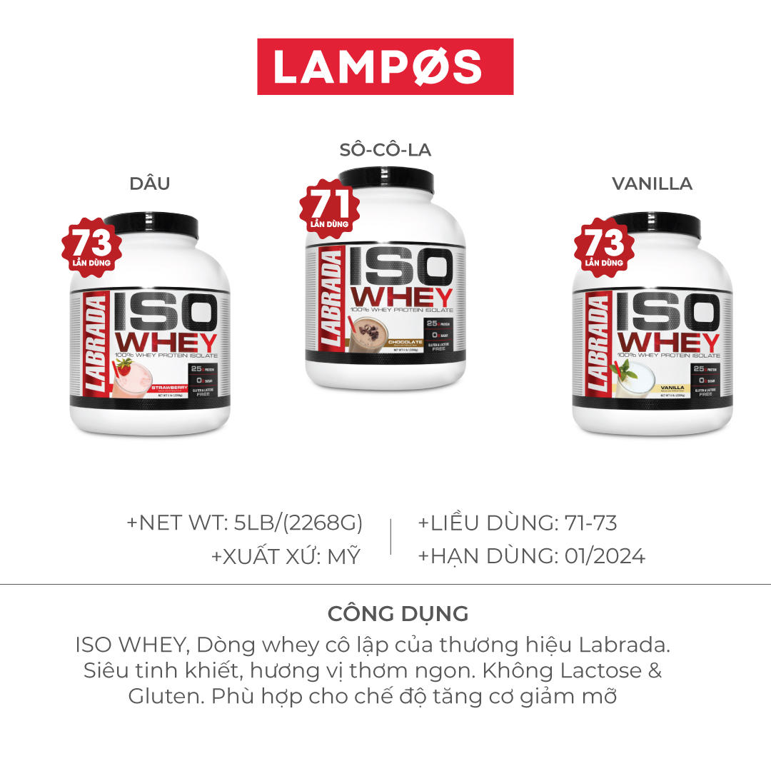 Labrada | ISO WHEY (2.3KG), 100% Whey Protein Isolate, Hỗ Trợ Tăng Cơ, Giảm Mỡ với 25g Đạm, BCAA, Glutamine | Không Đường, Không Lactose và Gluten