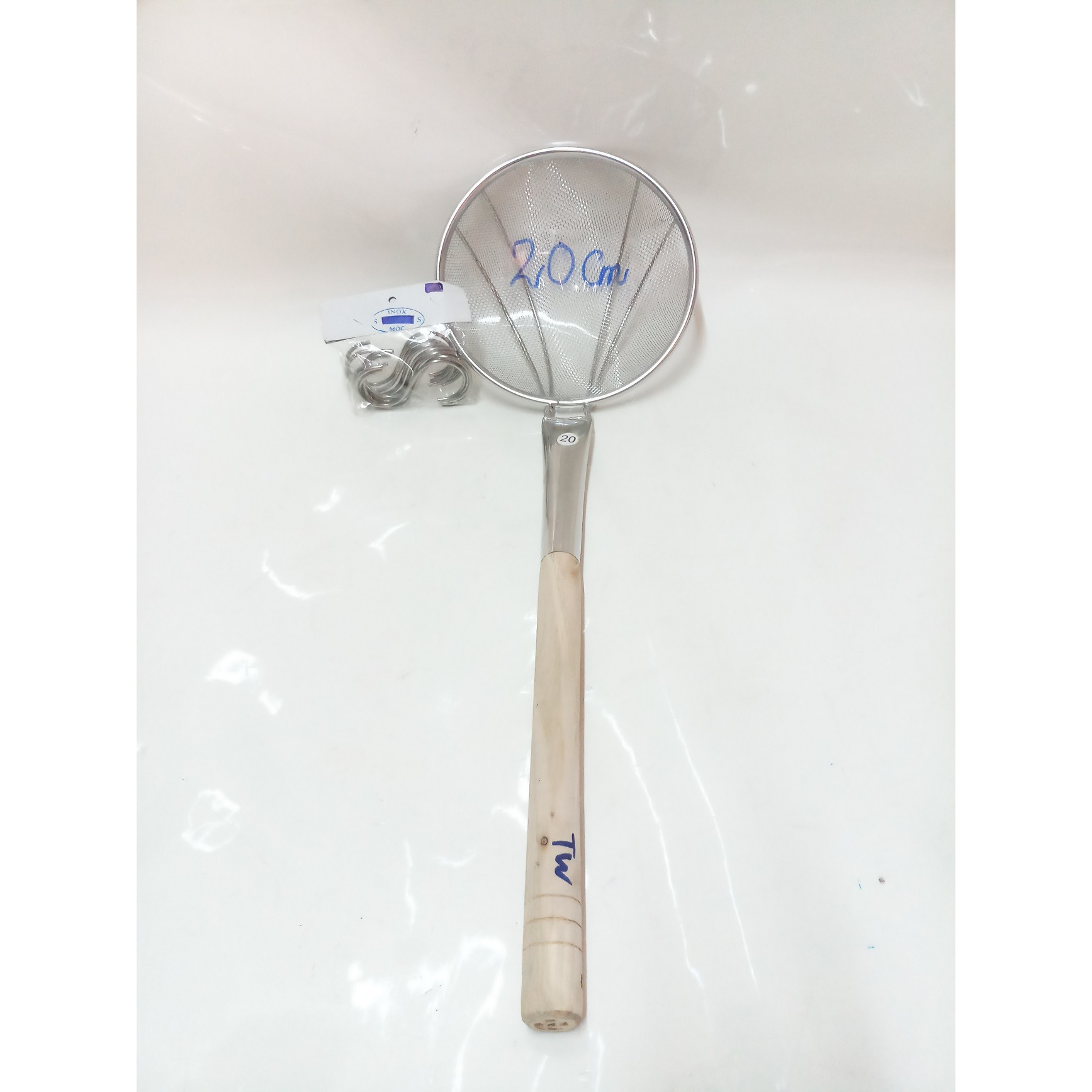 COMBO 1 VỢT INOX Ô VUÔNG CÁN GỖ TRÒN+10 MÓC S INOX.