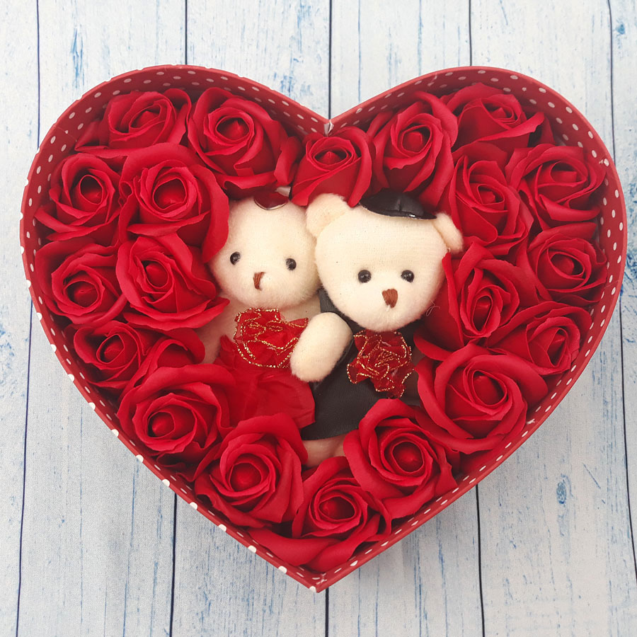 Quà tặng sinh nhật, giáng sinh cho bạn gái - hoa hồng sáp hộp tim 2 gấu, màu đỏ - H2D