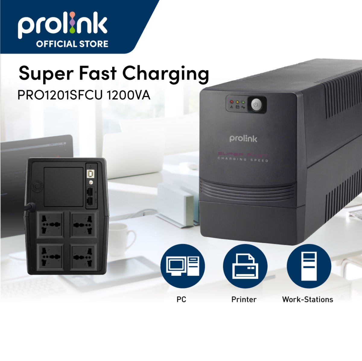 Bộ lưu điện UPS PROLINK PRO1201SFCU (1200VA) công suất 600W, tích hợp bộ AVR, sạc siêu nhanh, dùng cho PC, Camera, Wifi - Hàng chính hãng