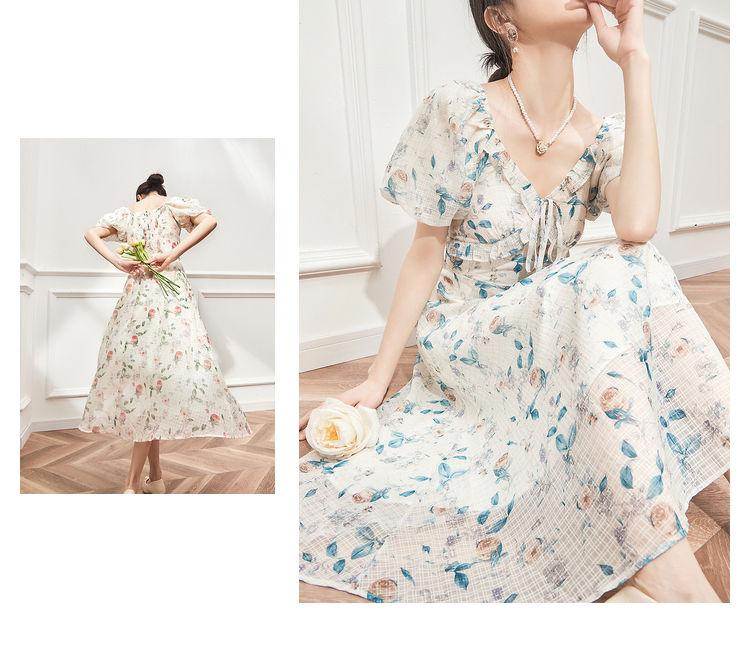 TOBE1SHOP Hiện tại giây phát trà nghỉ kiểu Pháp váy mùa hè khí chất nhỏ nhắn hoa v cổ siêu tiên tuyệt đẹp váy dài nữ