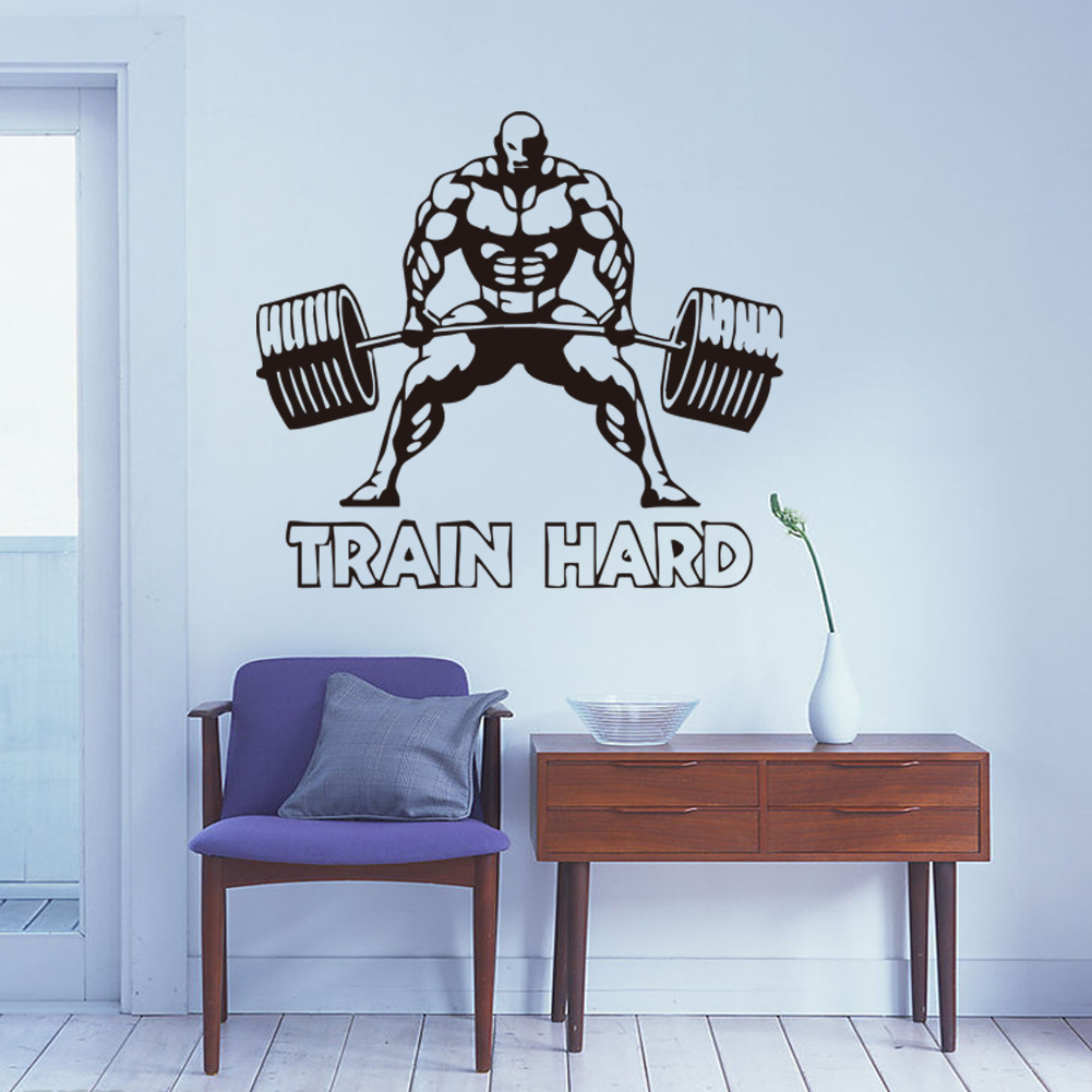 Decal Dán Tường Sticker Bodybuilding Gymer Gánh Tạ Train Hard Động Lực