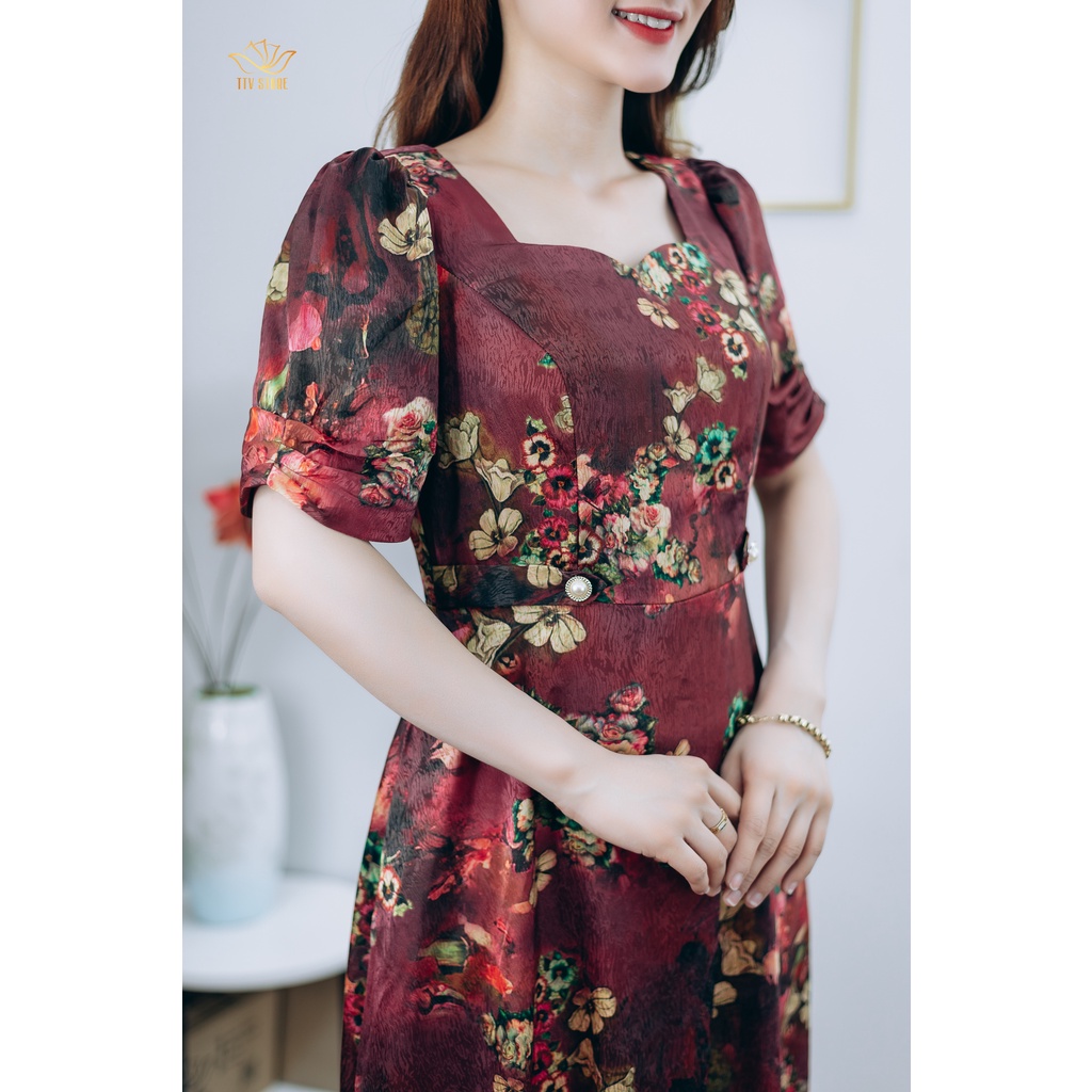 Đầm xòe thiết kế trung niên cao cấp sang trọng Cổ vuông tay ngắn màu Đỏ hoa TTV STORE TTV1242