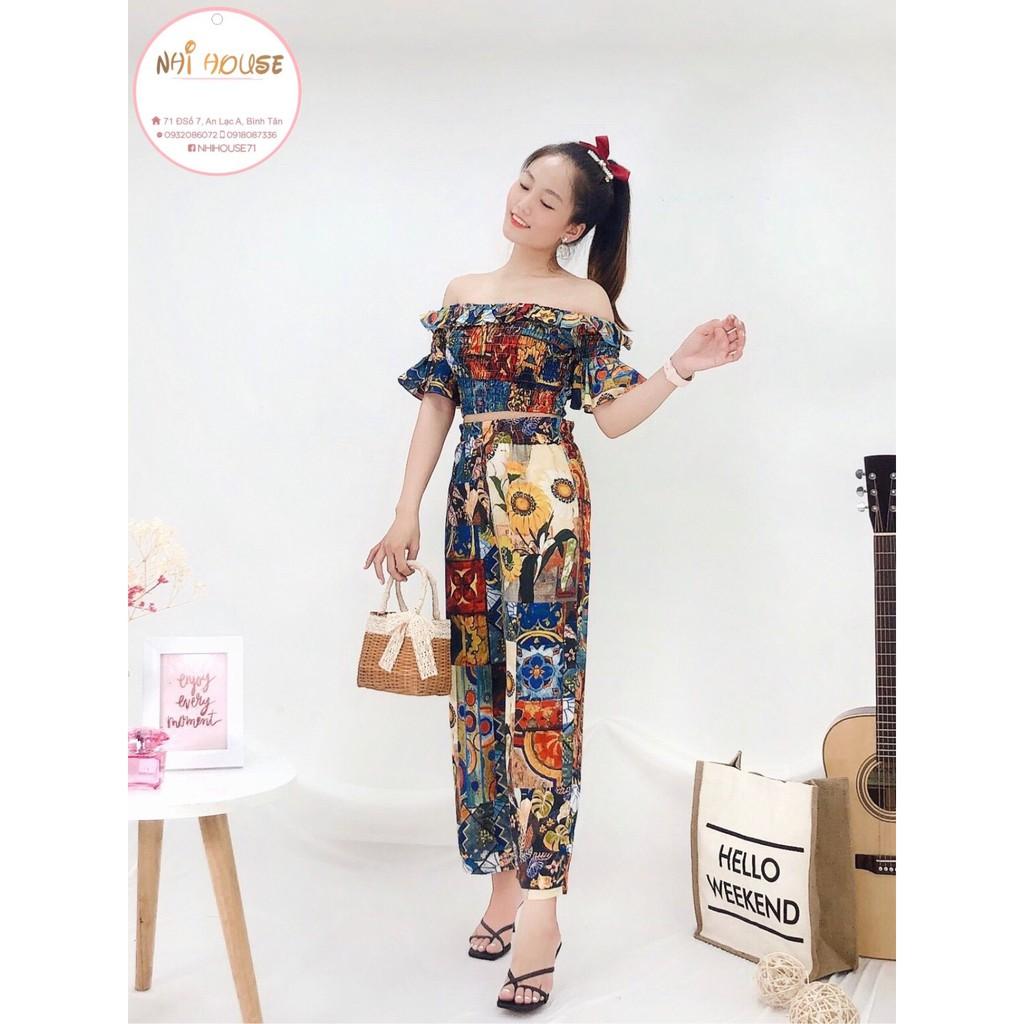 SET ĐỒ NỮ ĐI CHƠI THỔ CẨM NHIHOUSE71 ÁO BẸT VAI QUẦN ỐNG RỘNG FREESIZE DƯỚI 55KG