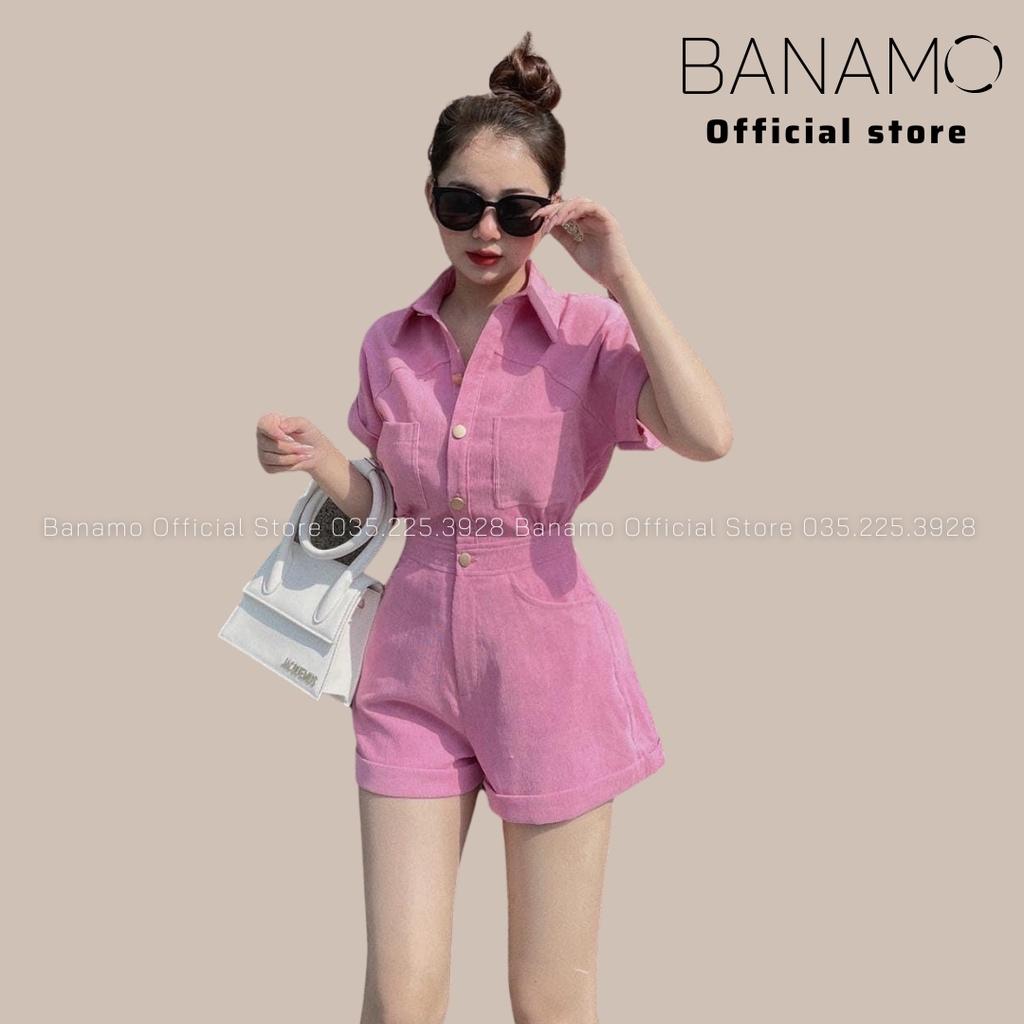 Bộ Jumpsuit cổ sơ mi liền quần gập gấu chất nhung tăm thời trang Banamo Fashion set Jumpsuit 151