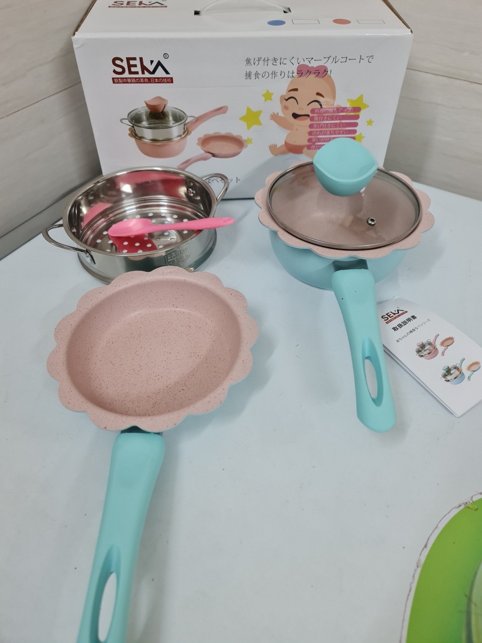 Bộ nồi và chảo cao cấp bằng đá hoa cương thiết kế chống dính an toàn chuyên dùng nấu bột, đồ ăn dặm các loại cho trẻ em