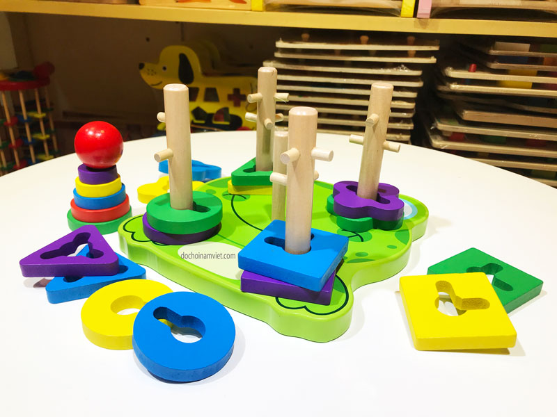 Trụ ghép hình khối 3D hình ếch con, đồ chơi tư duy trí tuệ cho bé bằng gỗ
