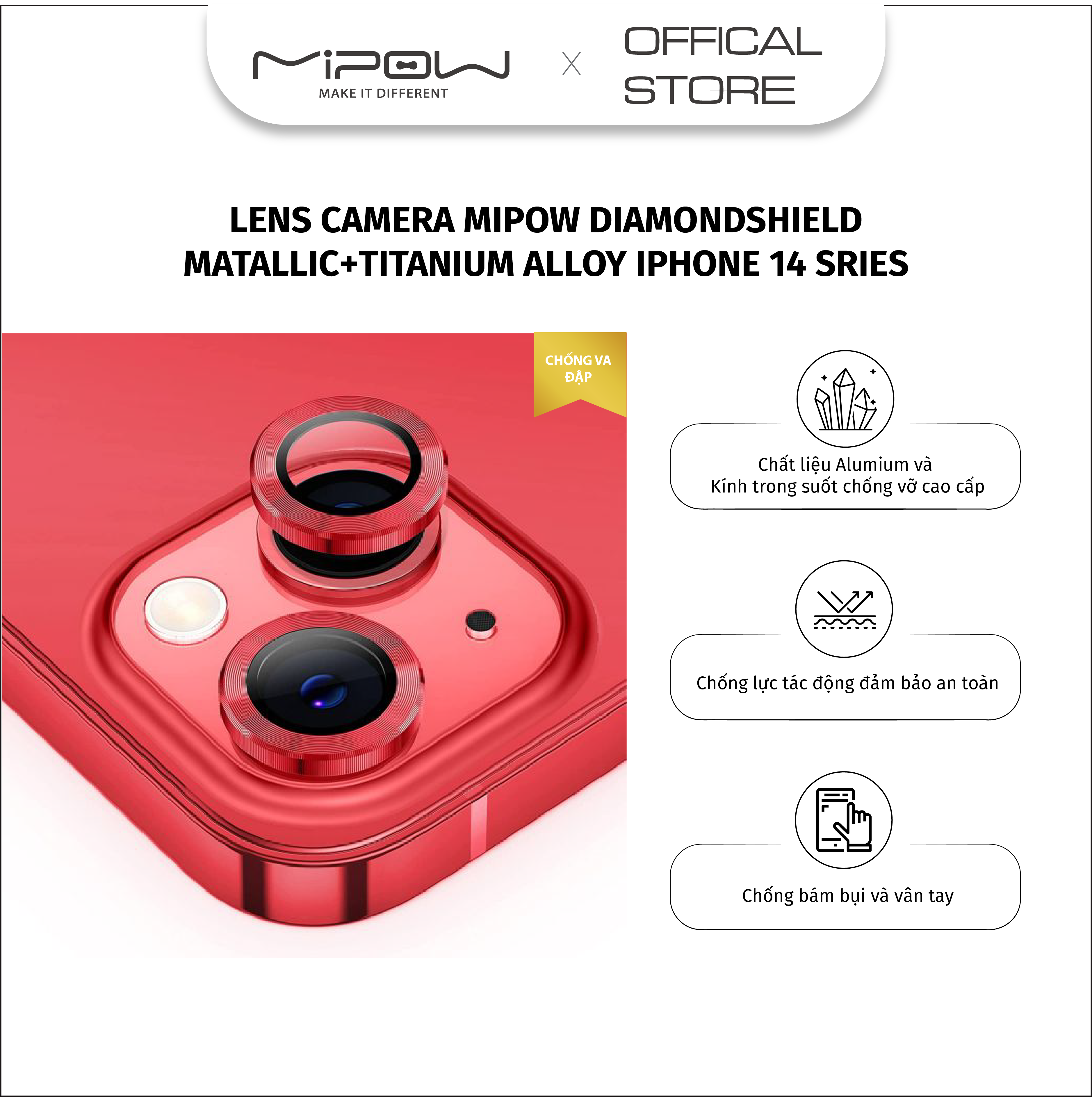 MIẾNG DÁN CƯỜNG LỰC CAMERA MIPOW DIAMONDSHIELD CHỐNG VA ĐẬP MATALLIC + TITANIUM ALLOY CHO IPHONE 14 /14 PLUS - HÀNG CHÍNH HÃNG