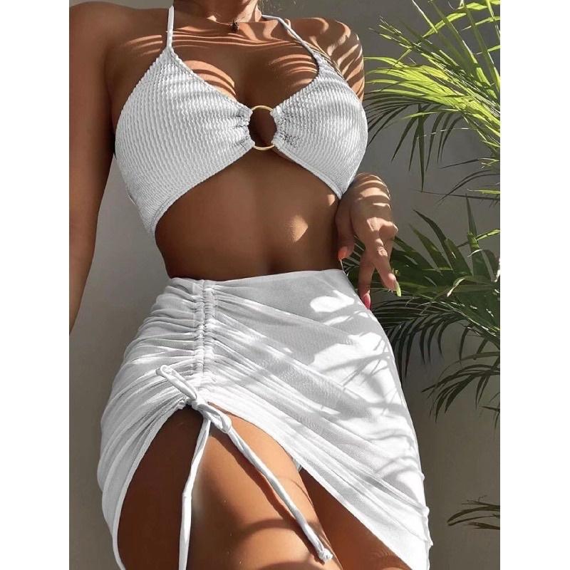 Bikini 3 mảnh đi biển trắng chất thun gân sexy