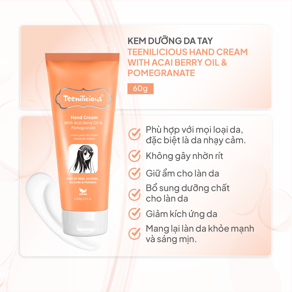 [Mini Size] Kem Dưỡng Da Tay Chiết Xuất Acai Và Lựu Teenilicious Hand Cream With Acai Berry Oil &amp; Pomegranate 15g - Nuôi Dưỡng Và Giữ Ẩm, Dành Cho Da Nhạy Cảm