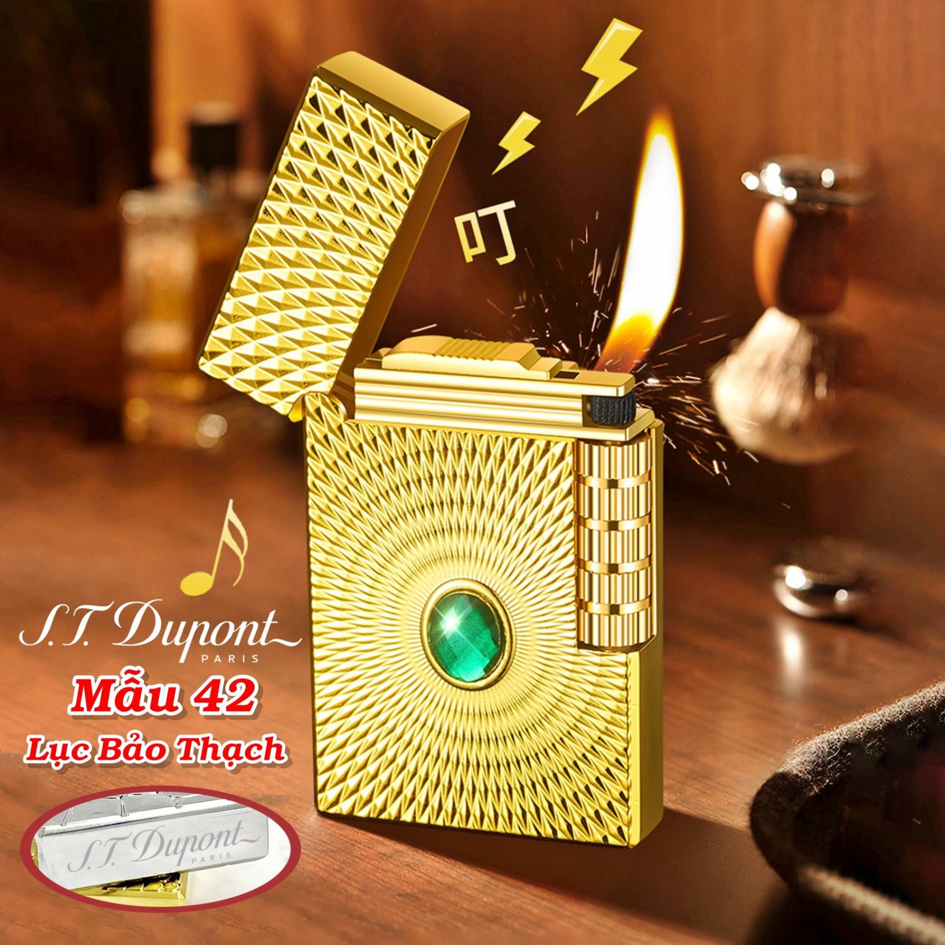 Bật lửa hột quẹt Dupont lốc xoáy cẩn ngọc Lục Bảo Thach M42 - xài gas