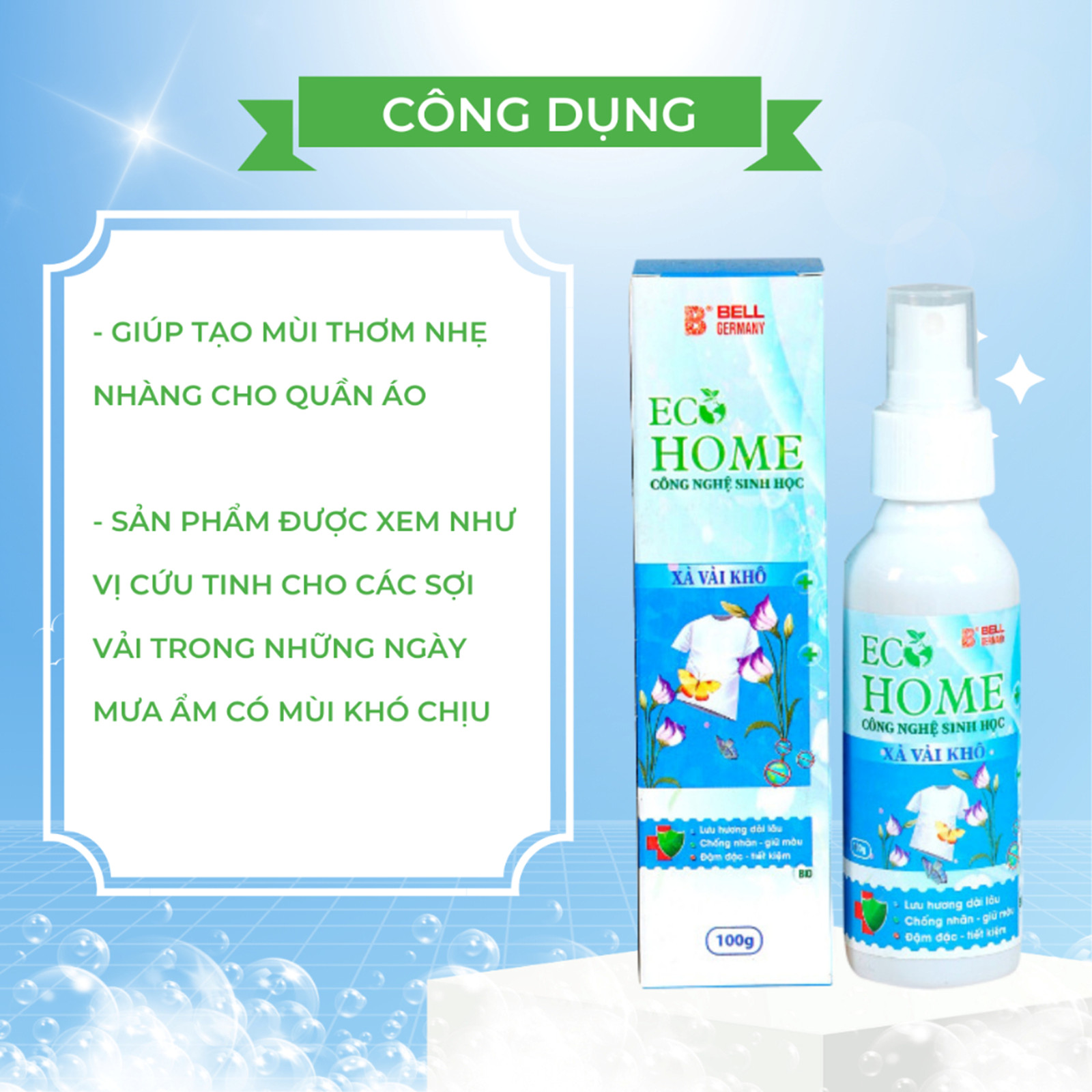 Xả Vải Khô Dạng Xịt Công Nghệ Sinh Học ECOHOME 100ml Hương Ban Mai Vỏ Xanh Làm Mềm Vải Khử Mùi Mồ Hôi, Lưu Hương Cả Ngày