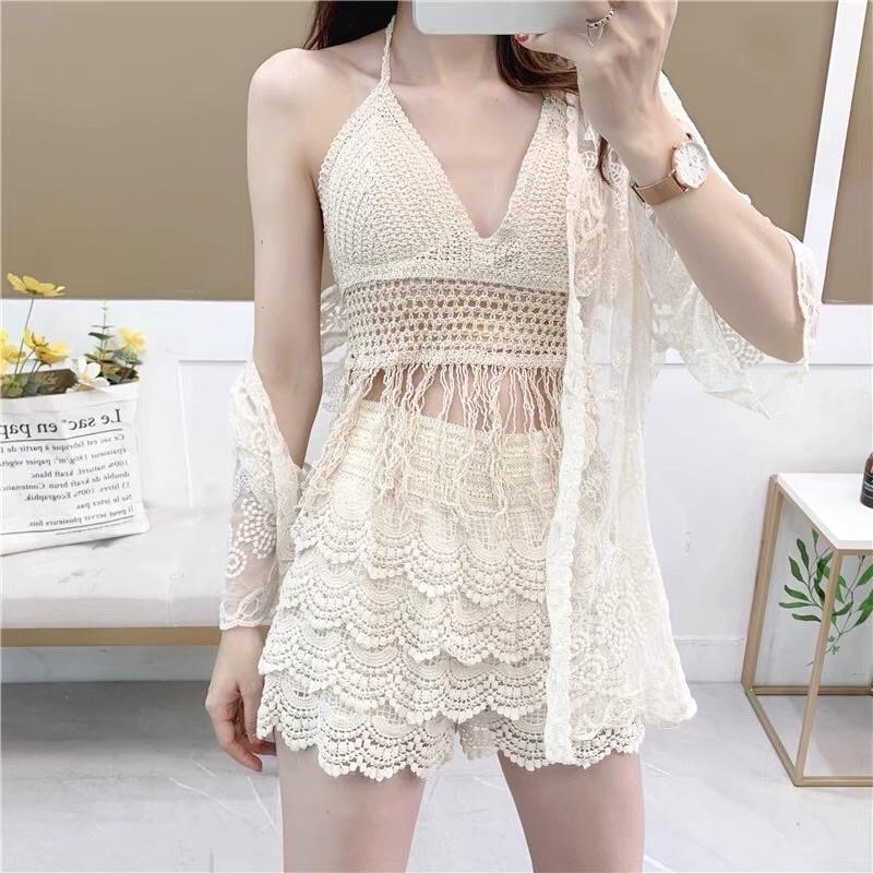 03-Set bikini ren 3 món đi biển - áo bra- quần sóc- áo choàng