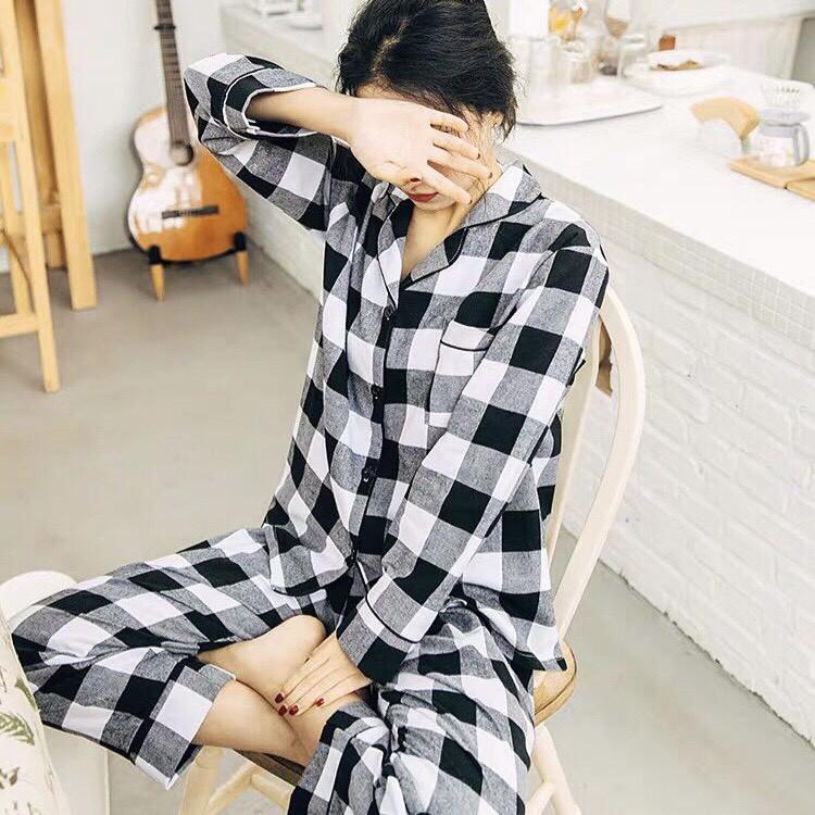Bộ pyjama nữ vải thô cotton kẻ caro đen trắng trẻ trung