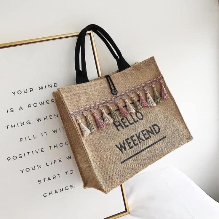 Túi cói, Túi cói đi biển hello weekend Phong cách Hàn Quốc