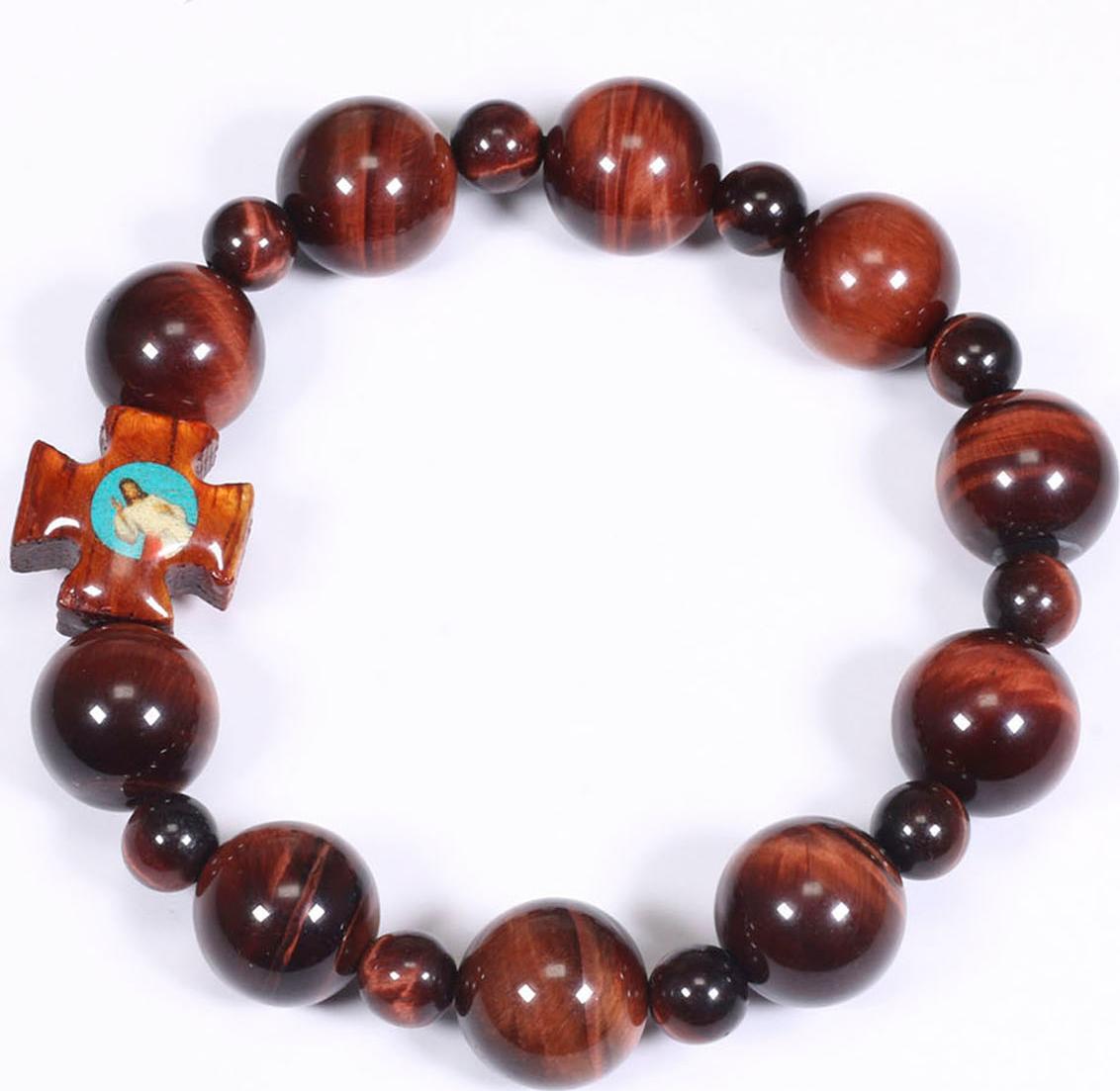 Vòng chuỗi mân côi đá thạch anh mắt hổ mix thánh giá gỗ hạt đá 12mm - Ngọc Quý Gemstones