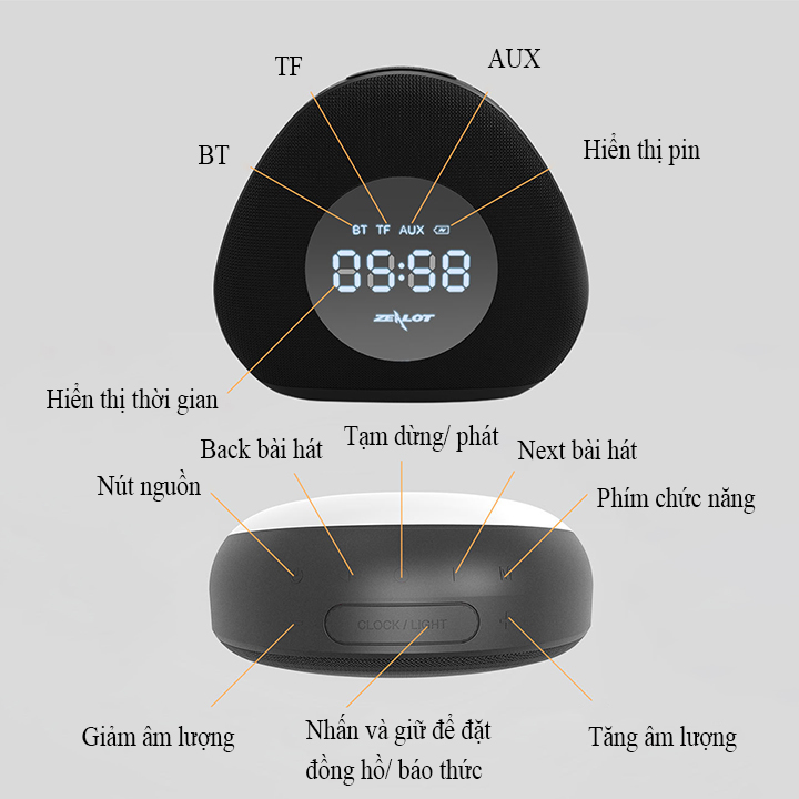 Loa bluetooth Zealot hàng chính hãng kiêm đồng hồ báo thức, đèn ngủ để bàn S23 âm thanh sống động tương thích điện thoại, laptop, máy tính...