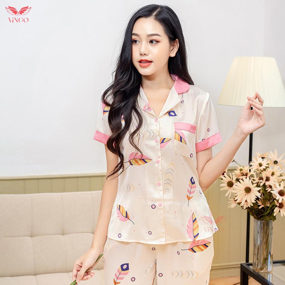 Vingo Pijama đồ bộ mặc nhà dáng dài lụa Pháp cao cấp họa tiết lông vũ H234 VNGO