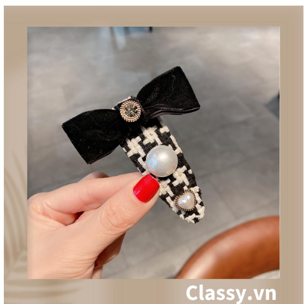 BST Kẹp tóc Classy dạng clip họa tiết kẻ sọc trắng đen caro hot hit bản lớn bọc vải chanh sả sả chanh PK945