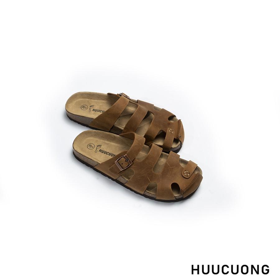 Dép unisex Huucuong bít mũi da bò nâu đế trấu handmade