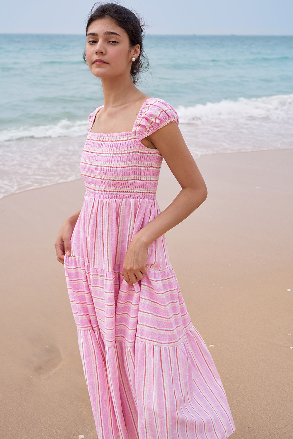 DOTTIE - Đầm maxi kẻ sọc nhún ngực - Freesize - D0488