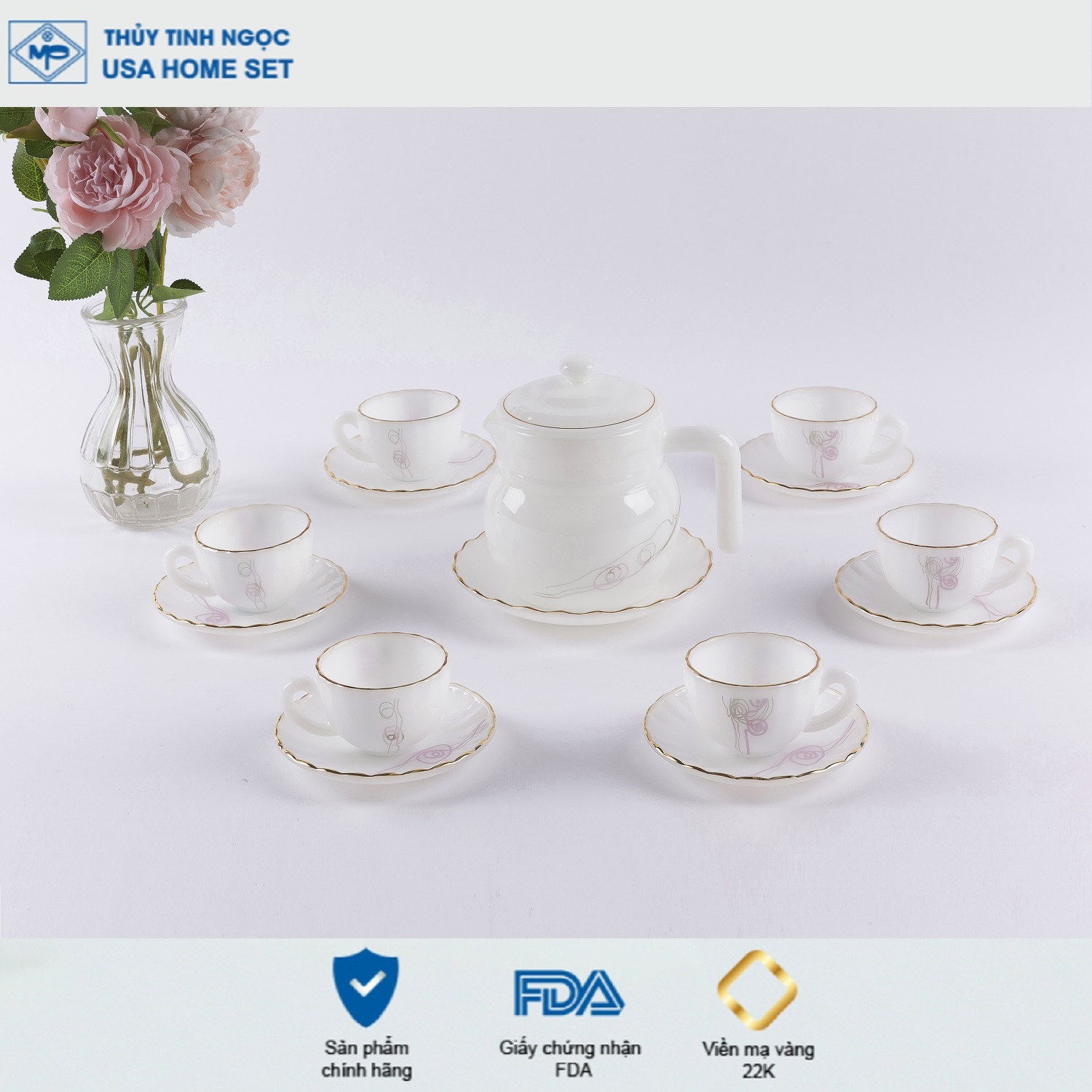 Bộ ấm trà Thủy tinh ngọc Mp USA Homeset P3066SLPLD hoa dây huyền bí
