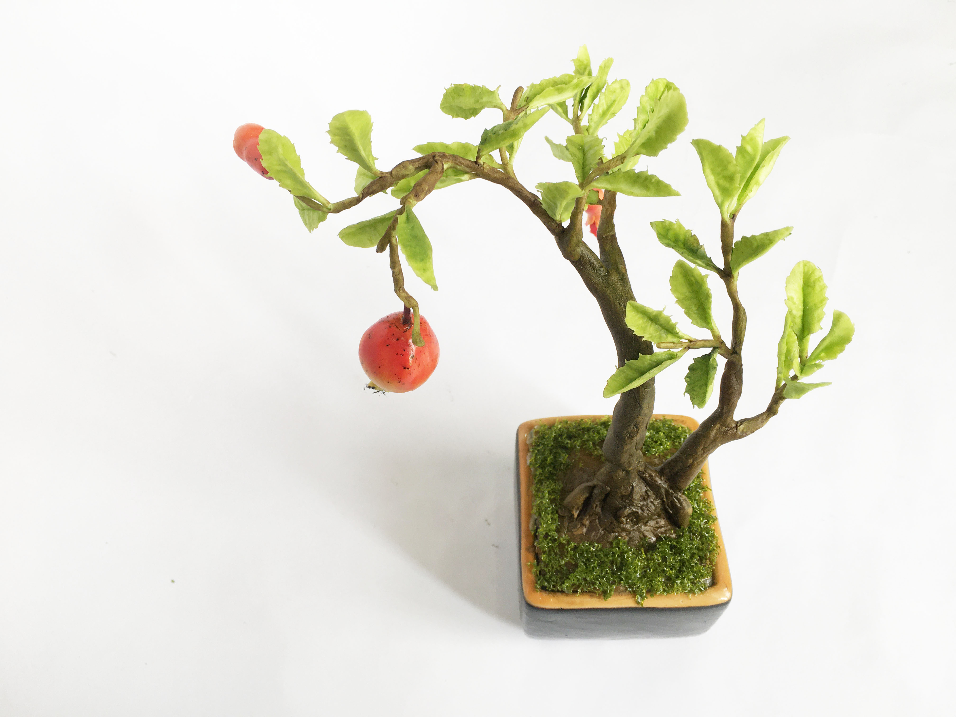 Chậu hoa đất sét mini- Bonsai lựu - Quà tặng trang trí handmade (18x10x10cm)