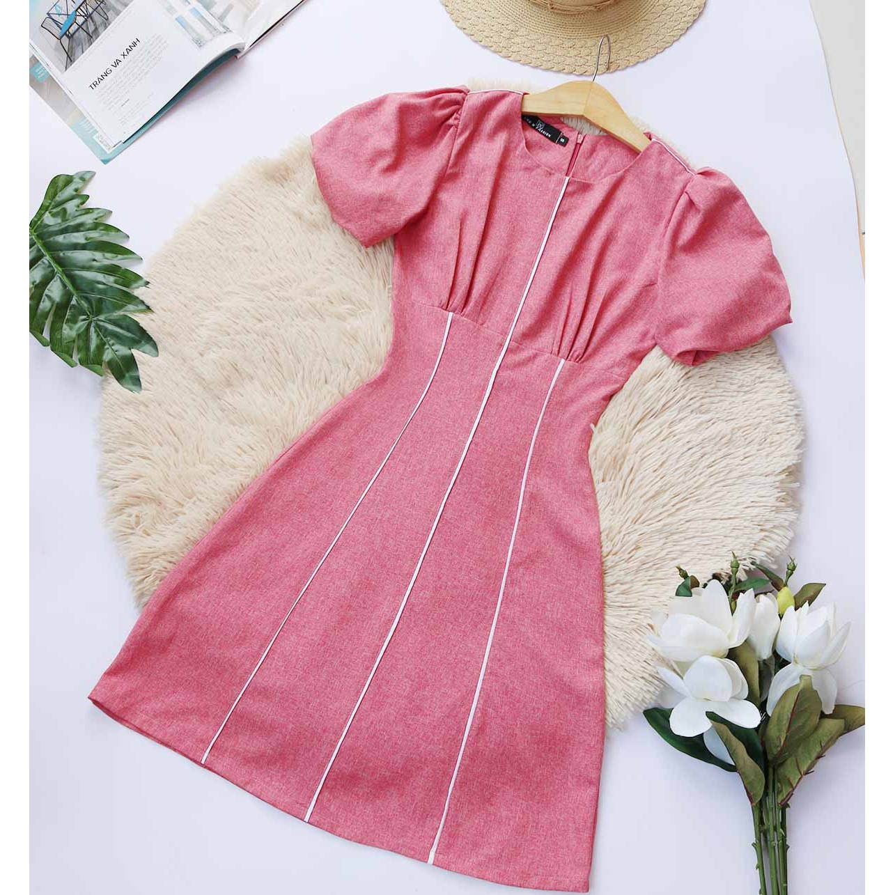 Đầm công sở đỏ hồng đẹp thiết kế thanh lịch dáng chữ a tay ngắn thời trang eo tôn dáng cho nàng nấm lùn