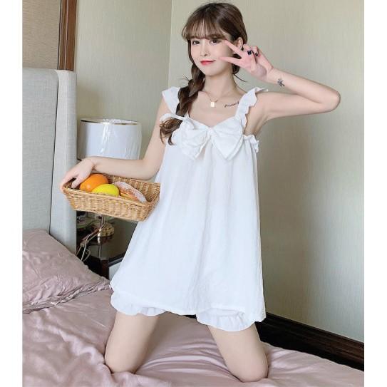Set đồ ngủ hai dây thiết kế kết nơ cổ kết hợp quần bí ngô siêu cute S023