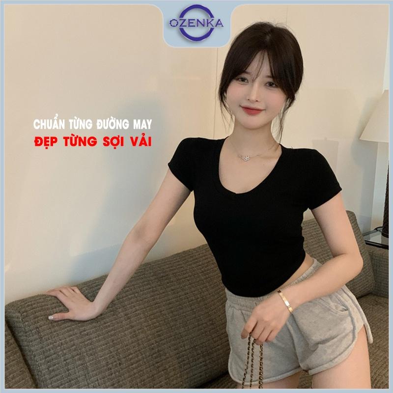 Áo croptop vạt bầu cổ tim tay ngắn ôm nữ ozenka , áo crt basic chất cotton màu đen trắng mặc đi học đi chơi dưới 55 cân