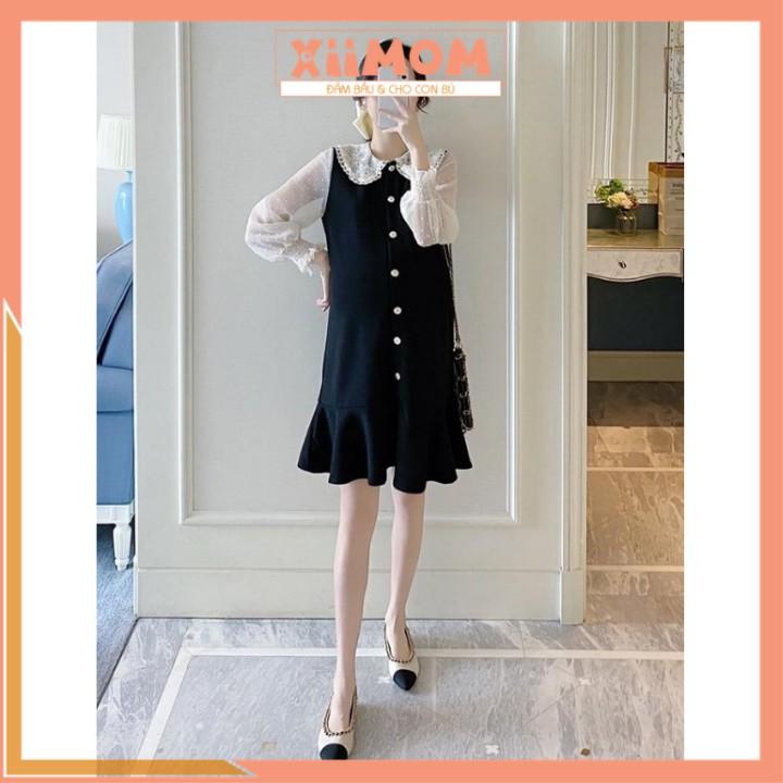 Váy bầu thiết kế - đầm bầu công sở cổ bèo ren đuôi cá tay ruồi có size tới 100kg HD11 - Xiimom