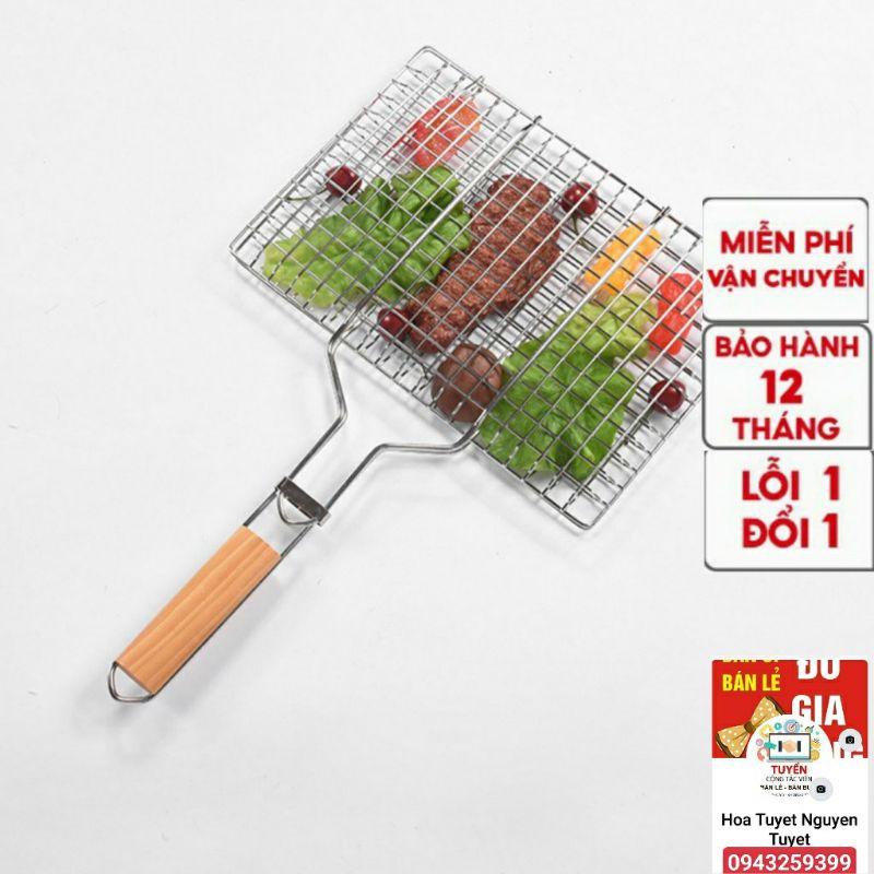 Vỉ Nướng Inox, Kẹp Nướng Thịt, Chả, Nướng Thực Phẩm Than Hoa Cao Cấp Cán Gỗ