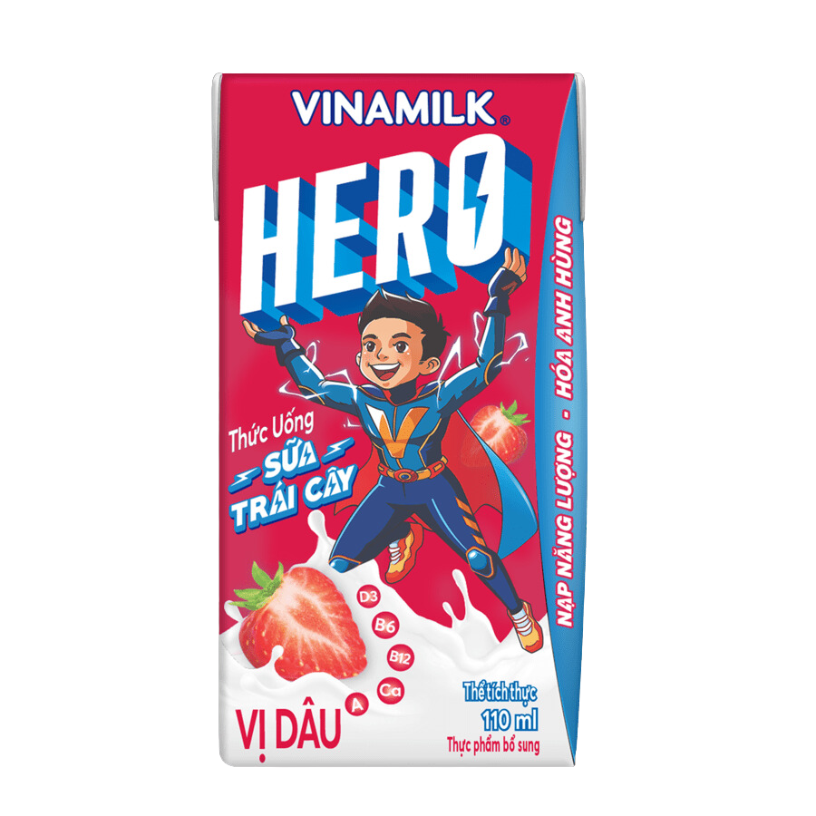 THỨC UỐNG SỮA TRÁI CÂY HERO VỊ DÂU - THÙNG 48 HỘP X 110ML