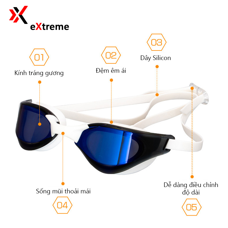 Kính bơi tráng gương chống sương mờ, chống UV eXtreme KG2101 cao cấp, dây đeo được làm 100% silicone mềm mại, thoải mái, thiết kế không trơn trượt, co giãn, thiết kế công thát học, chuyên nghiệp