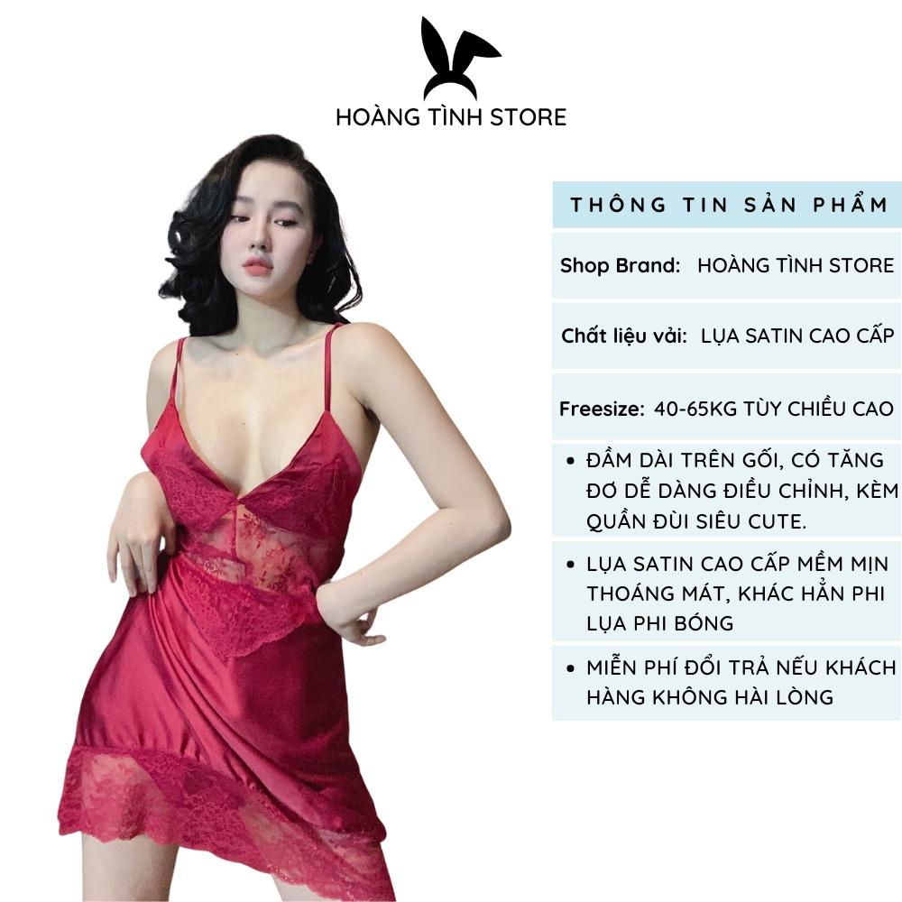 Váy ngủ sexy 2 dây phối ren lai Hoàng Tình Store, chất liệu lụa satin, kèm quần đùi cute, freesize 40-65kg tùy chiều cao